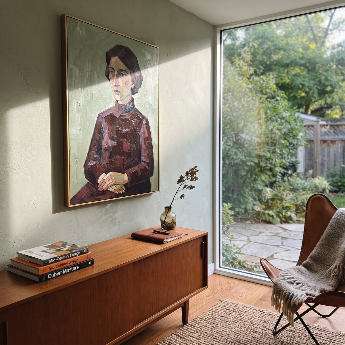Wandering Quiet Quiet Seated Portrait focuses on a seated woman with folded hands and patterned clothing. The composition keeps the principal subject clearly separated from the painted field, so the eye can follow the specific gesture, silhouette, garment, fur, petal, ridge, or river visible in this artwork. Its color relationships move between blue, red, and white, with lighter passages opening the focal area and deeper strokes giving the forms weight. Palette-knife edges, impasto ridges