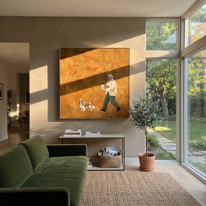 "Reflective Quiet Walking with a Small Dog" - Modern Heavy Impasto Dog Portrait Artwork | Green & Grey Palette Knife Painting | Luxury Square Wall Art #PT 2964