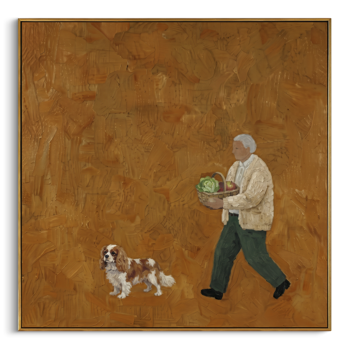 Reflective Quiet Walking with a Small Dog focuses on a bundled walker carrying flowers beside a small dog. The composition keeps the principal subject clearly separated from the painted field, so the eye can follow the specific gesture, silhouette, garment, fur, petal, ridge, or river visible in this artwork. Its color relationships move between green, grey, and pink, with lighter passages opening the focal area and deeper strokes giving the forms weight. Palette-knife edges, impasto ridges