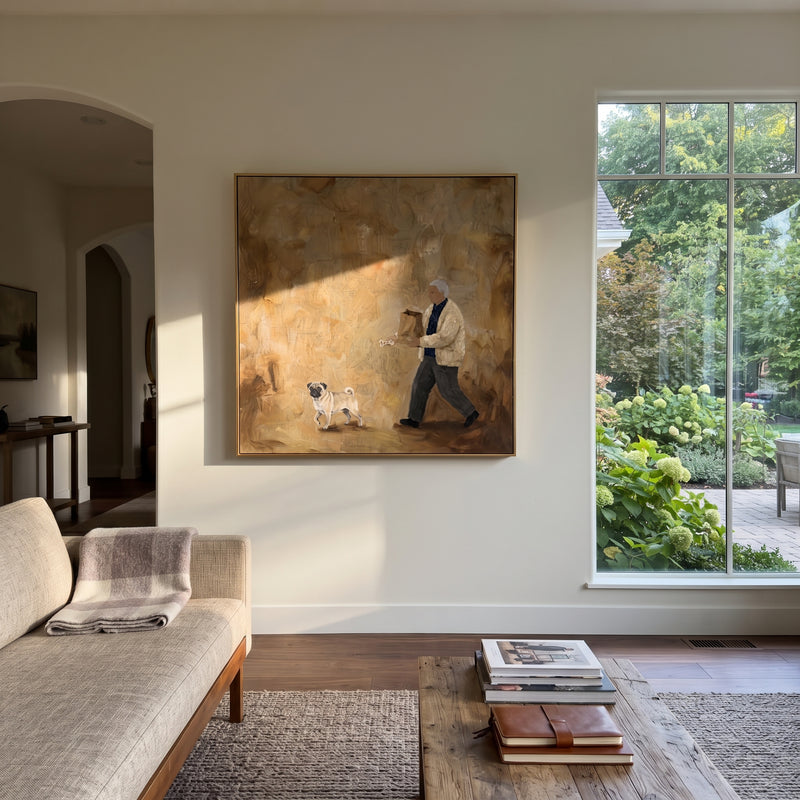 "Storybook Quiet Walking with a Small Dog" - Modern Heavy Impasto Dog Portrait Artwork | Purple & Green Palette Knife Painting | Luxury Square Wall Art #PT 2966