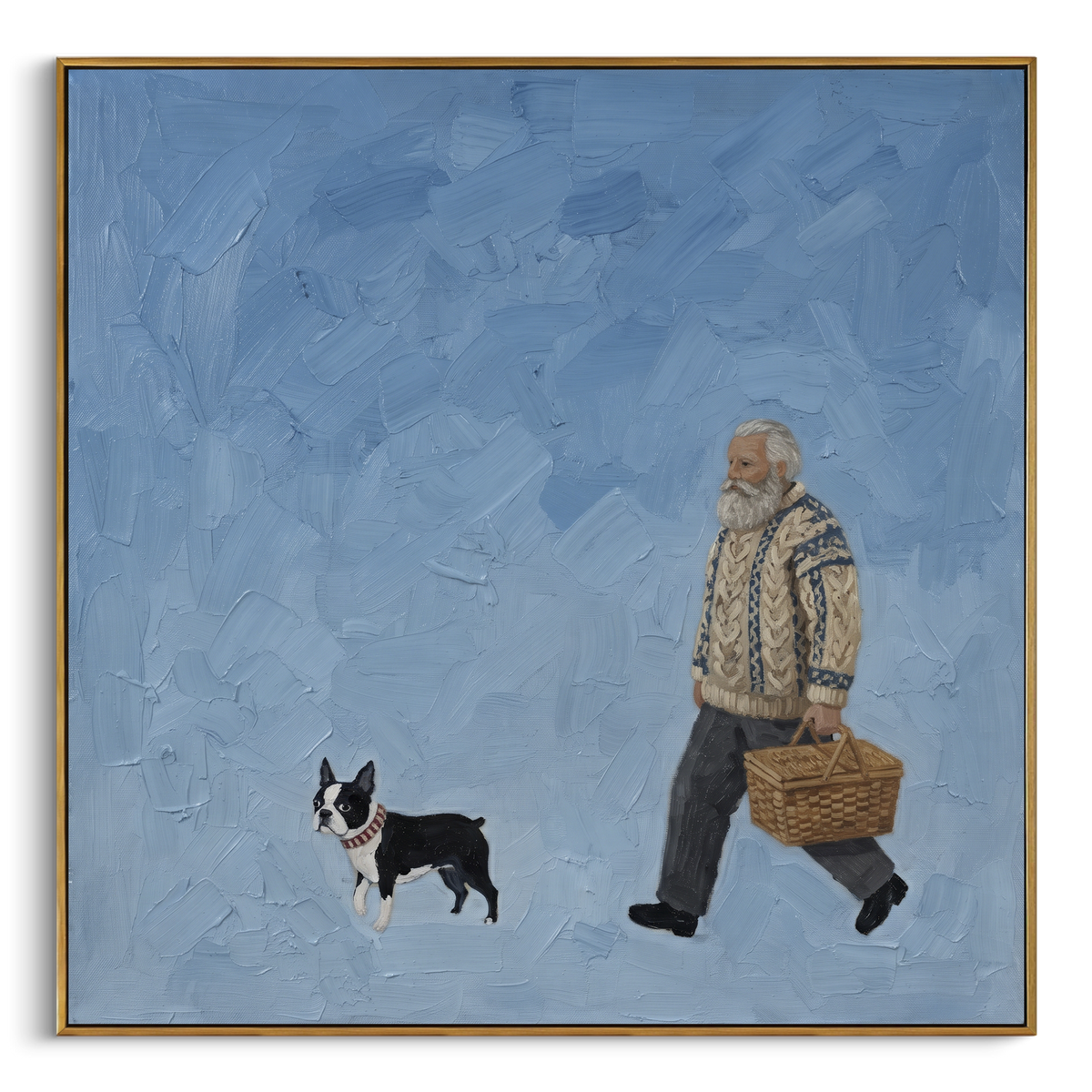 Quiet Luminous Walking with a Small Dog focuses on a bundled walker carrying flowers beside a small dog. The composition keeps the principal subject clearly separated from the painted field, so the eye can follow the specific gesture, silhouette, garment, fur, petal, ridge, or river visible in this artwork. Its color relationships move between blue, beige, and brown, with lighter passages opening the focal area and deeper strokes giving the forms weight. Palette-knife edges, impasto ridges
