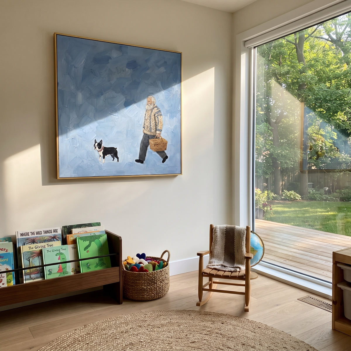 Quiet Luminous Walking with a Small Dog focuses on a bundled walker carrying flowers beside a small dog. The composition keeps the principal subject clearly separated from the painted field, so the eye can follow the specific gesture, silhouette, garment, fur, petal, ridge, or river visible in this artwork. Its color relationships move between blue, beige, and brown, with lighter passages opening the focal area and deeper strokes giving the forms weight. Palette-knife edges, impasto ridges