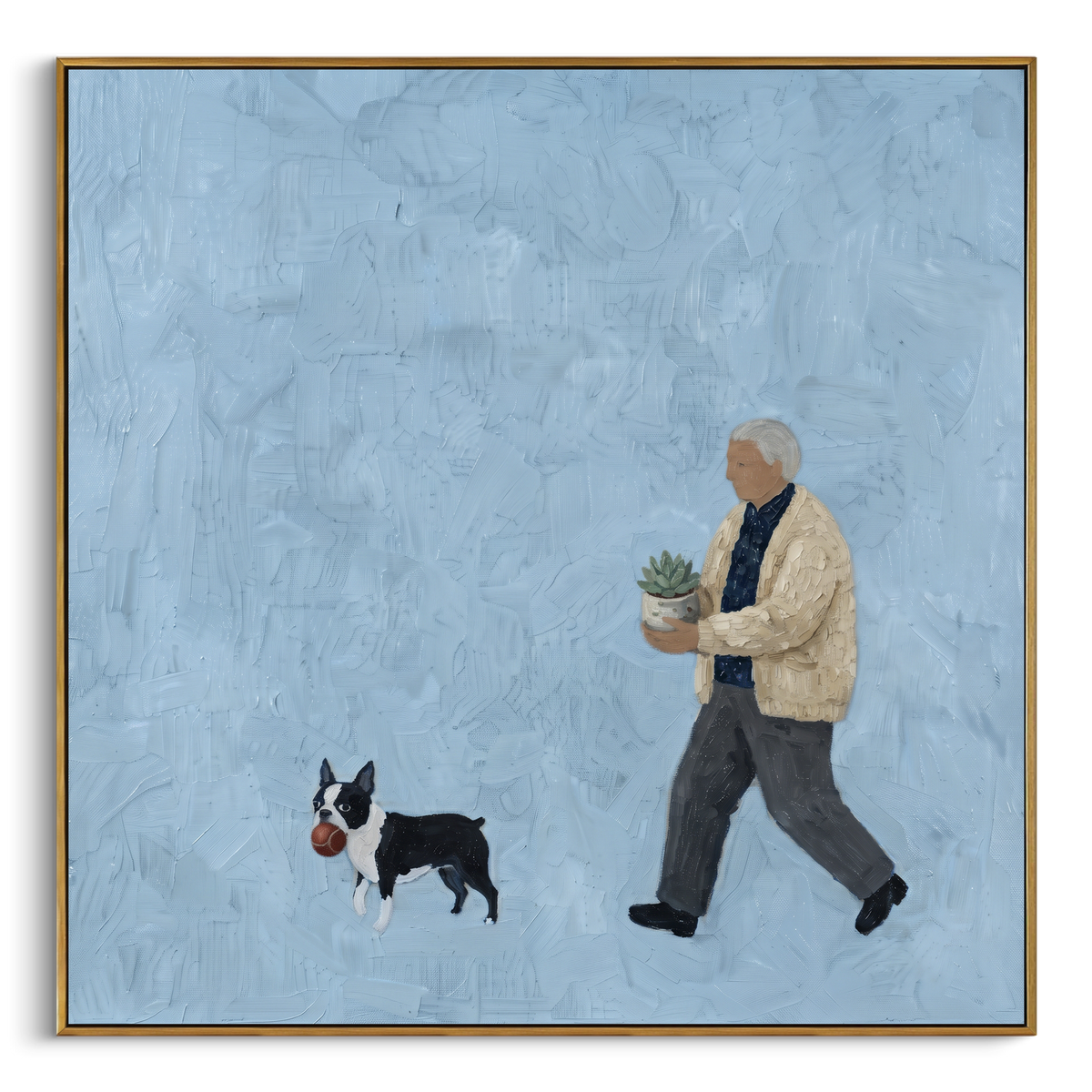 Luminous Luminous Walking with a Small Dog focuses on a bundled walker carrying flowers beside a small dog. The composition keeps the principal subject clearly separated from the painted field, so the eye can follow the specific gesture, silhouette, garment, fur, petal, ridge, or river visible in this artwork. Its color relationships move between orange, pink, and green, with lighter passages opening the focal area and deeper strokes giving the forms weight. Palette-knife edges, impasto ridges