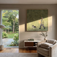 Cobalt Luminous Walking with a Small Dog focuses on a bundled walker carrying flowers beside a small dog. The composition keeps the principal subject clearly separated from the painted field, so the eye can follow the specific gesture, silhouette, garment, fur, petal, ridge, or river visible in this artwork. Its color relationships move between blue, grey, and white, with lighter passages opening the focal area and deeper strokes giving the forms weight. Palette-knife edges, impasto ridges