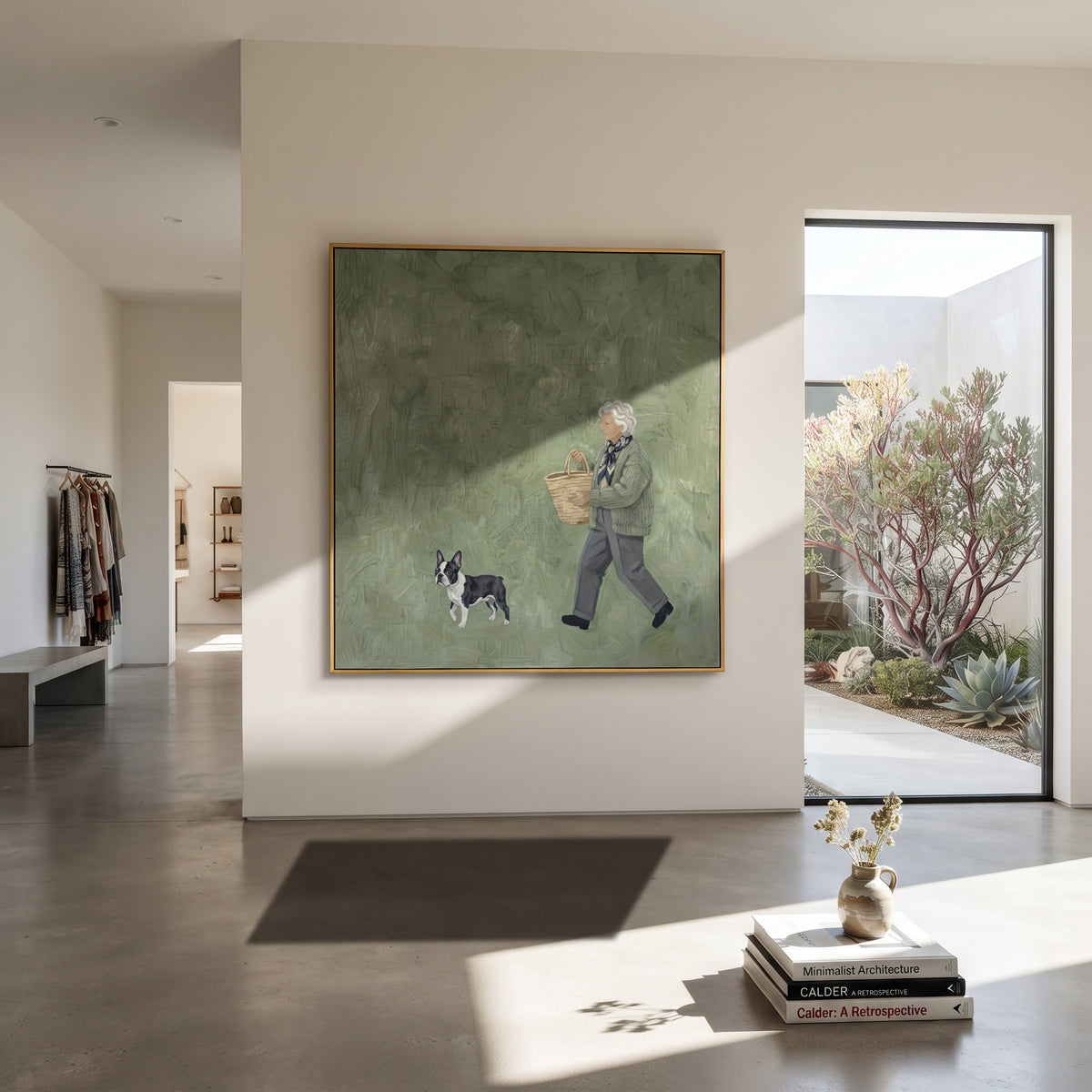 Cobalt Luminous Walking with a Small Dog focuses on a bundled walker carrying flowers beside a small dog. The composition keeps the principal subject clearly separated from the painted field, so the eye can follow the specific gesture, silhouette, garment, fur, petal, ridge, or river visible in this artwork. Its color relationships move between blue, grey, and white, with lighter passages opening the focal area and deeper strokes giving the forms weight. Palette-knife edges, impasto ridges