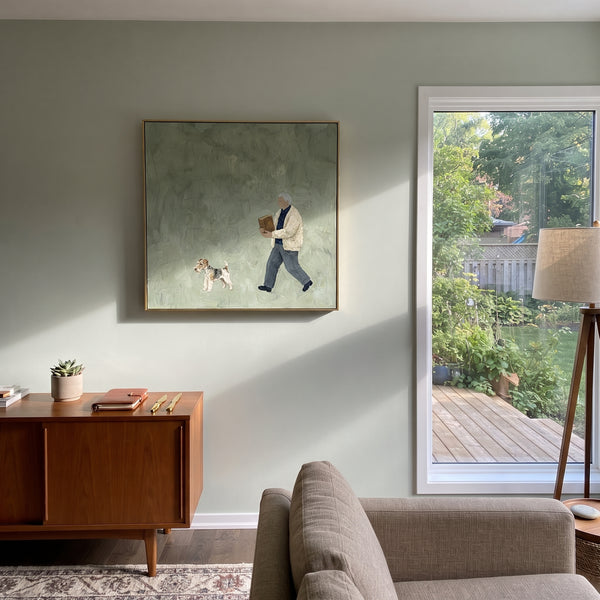 "Mossy Luminous Walking with a Small Dog" - Modern Heavy Impasto Dog Portrait Artwork | Green & Brown Palette Knife Painting | Luxury Square Wall Art #PT 2971