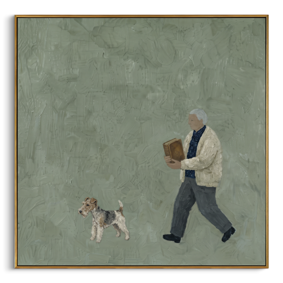 Mossy Luminous Walking with a Small Dog focuses on a bundled walker carrying flowers beside a small dog. The composition keeps the principal subject clearly separated from the painted field, so the eye can follow the specific gesture, silhouette, garment, fur, petal, ridge, or river visible in this artwork. Its color relationships move between green, brown, and yellow, with lighter passages opening the focal area and deeper strokes giving the forms weight. Palette-knife edges, impasto ridges