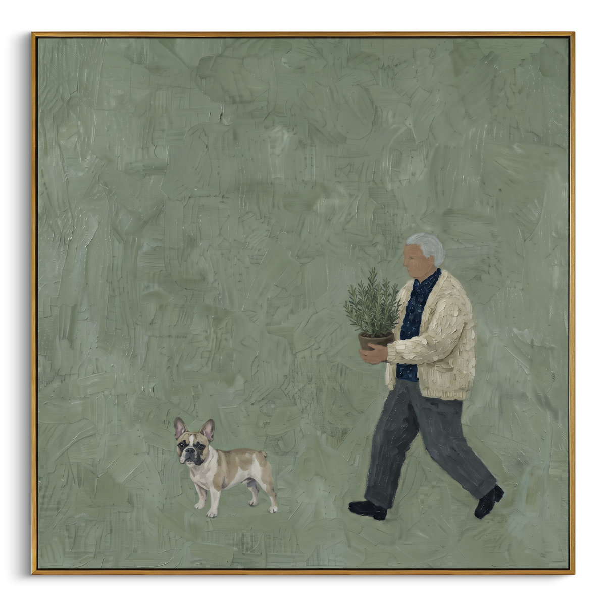Golden Luminous Walking with a Small Dog focuses on a bundled walker carrying flowers beside a small dog. The composition keeps the principal subject clearly separated from the painted field, so the eye can follow the specific gesture, silhouette, garment, fur, petal, ridge, or river visible in this artwork. Its color relationships move between orange, black, and beige, with lighter passages opening the focal area and deeper strokes giving the forms weight. Palette-knife edges, impasto ridges