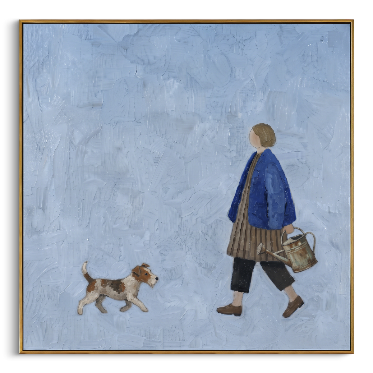 Gathered Tender Giraffe Parade focuses on a giraffe carrying a playful miniature parade of figures. The composition keeps the principal subject clearly separated from the painted field, so the eye can follow the specific gesture, silhouette, garment, fur, petal, ridge, or river visible in this artwork. Its color relationships move between blue, beige, and brown, with lighter passages opening the focal area and deeper strokes giving the forms weight. Palette-knife edges, impasto ridges, broken