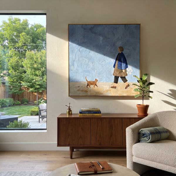 "River Tender Giraffe Parade" - Modern Heavy Impasto Landscape Artwork | Orange & Pink Palette Knife Painting | Luxury Square Wall Art #PT 2998