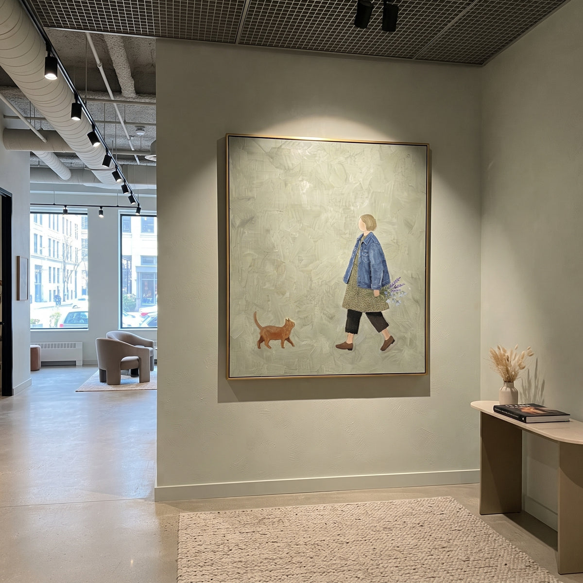 Still Tender Giraffe Parade focuses on a giraffe carrying a playful miniature parade of figures. The composition keeps the principal subject clearly separated from the painted field, so the eye can follow the specific gesture, silhouette, garment, fur, petal, ridge, or river visible in this artwork. Its color relationships move between blue, grey, and white, with lighter passages opening the focal area and deeper strokes giving the forms weight. Palette-knife edges, impasto ridges, broken brush