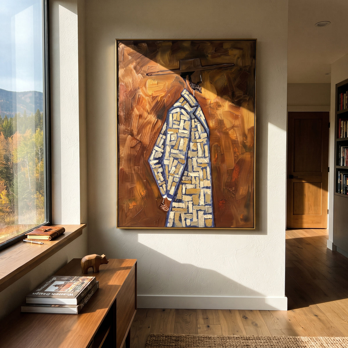 Wandering Tender Mountain River Valley focuses on layered mountain ridges opening toward a bright winding river. The composition keeps the principal subject clearly separated from the painted field, so the eye can follow the specific gesture, silhouette, garment, fur, petal, ridge, or river visible in this artwork. Its color relationships move between blue, red, and white, with lighter passages opening the focal area and deeper strokes giving the forms weight. Palette-knife edges, impasto