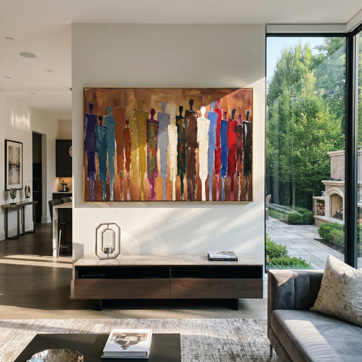 Quiet Cobalt Color Figure Chorus focuses on a row of elongated painted figures in varied colors. The composition keeps the principal subject clearly separated from the painted field, so the eye can follow the specific gesture, silhouette, garment, fur, petal, ridge, or river visible in this artwork. Its color relationships move between blue, beige, and brown, with lighter passages opening the focal area and deeper strokes giving the forms weight. Palette-knife edges, impasto ridges, broken brush