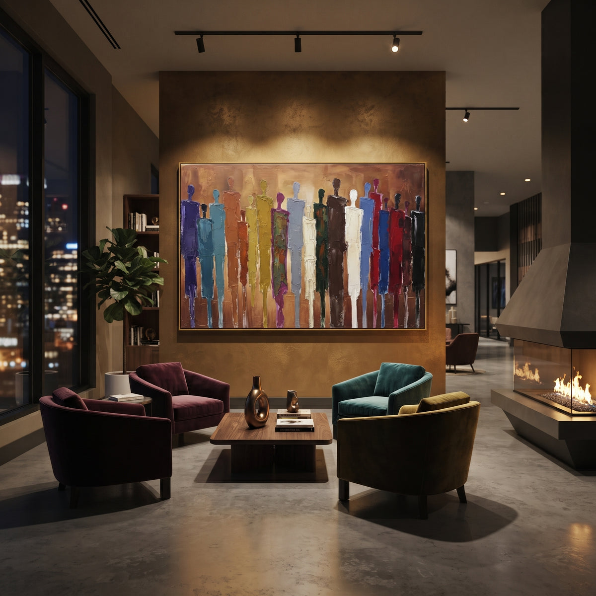 Quiet Cobalt Color Figure Chorus focuses on a row of elongated painted figures in varied colors. The composition keeps the principal subject clearly separated from the painted field, so the eye can follow the specific gesture, silhouette, garment, fur, petal, ridge, or river visible in this artwork. Its color relationships move between blue, beige, and brown, with lighter passages opening the focal area and deeper strokes giving the forms weight. Palette-knife edges, impasto ridges, broken brush