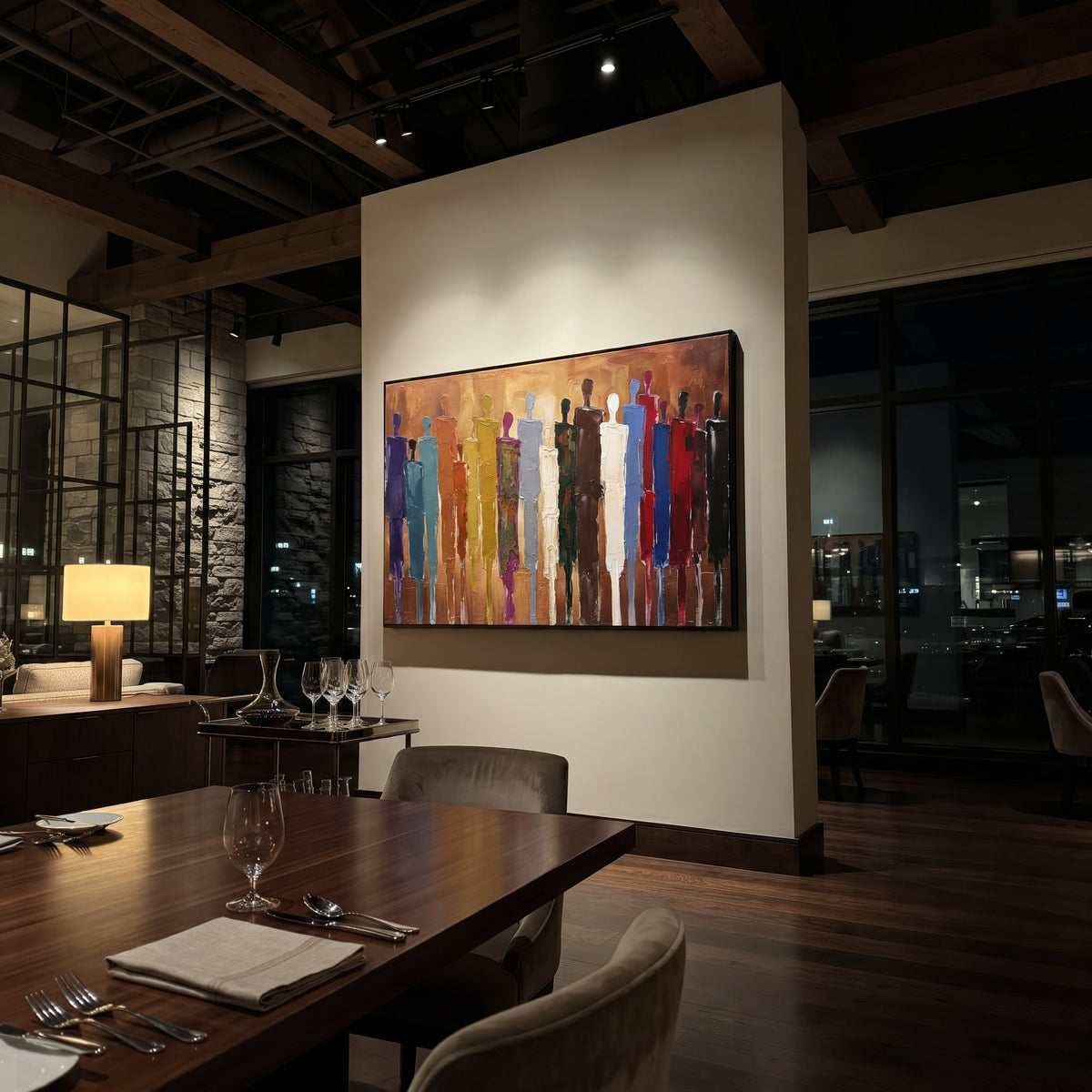 Quiet Cobalt Color Figure Chorus focuses on a row of elongated painted figures in varied colors. The composition keeps the principal subject clearly separated from the painted field, so the eye can follow the specific gesture, silhouette, garment, fur, petal, ridge, or river visible in this artwork. Its color relationships move between blue, beige, and brown, with lighter passages opening the focal area and deeper strokes giving the forms weight. Palette-knife edges, impasto ridges, broken brush