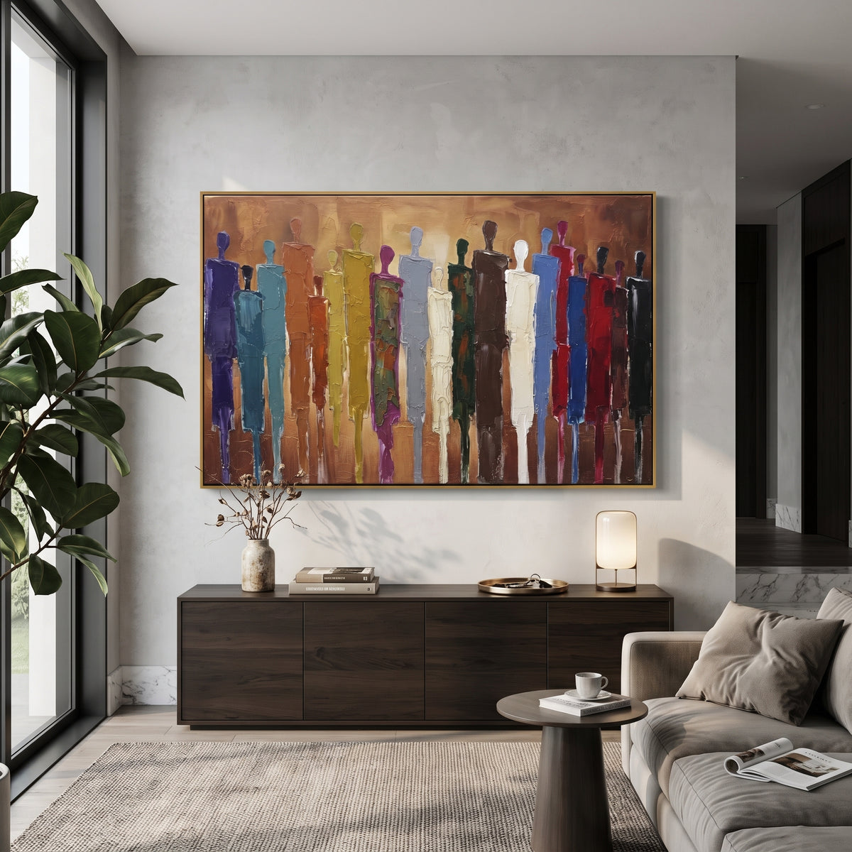Quiet Cobalt Color Figure Chorus focuses on a row of elongated painted figures in varied colors. The composition keeps the principal subject clearly separated from the painted field, so the eye can follow the specific gesture, silhouette, garment, fur, petal, ridge, or river visible in this artwork. Its color relationships move between blue, beige, and brown, with lighter passages opening the focal area and deeper strokes giving the forms weight. Palette-knife edges, impasto ridges, broken brush