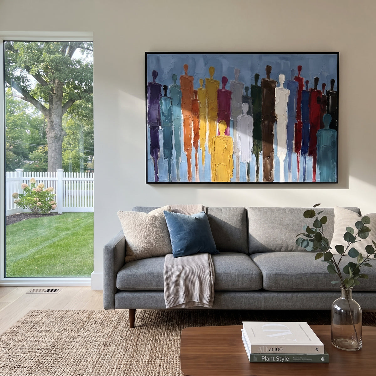 Luminous Cobalt Color Figure Chorus focuses on a row of elongated painted figures in varied colors. The composition keeps the principal subject clearly separated from the painted field, so the eye can follow the specific gesture, silhouette, garment, fur, petal, ridge, or river visible in this artwork. Its color relationships move between orange, pink, and green, with lighter passages opening the focal area and deeper strokes giving the forms weight. Palette-knife edges, impasto ridges, broken