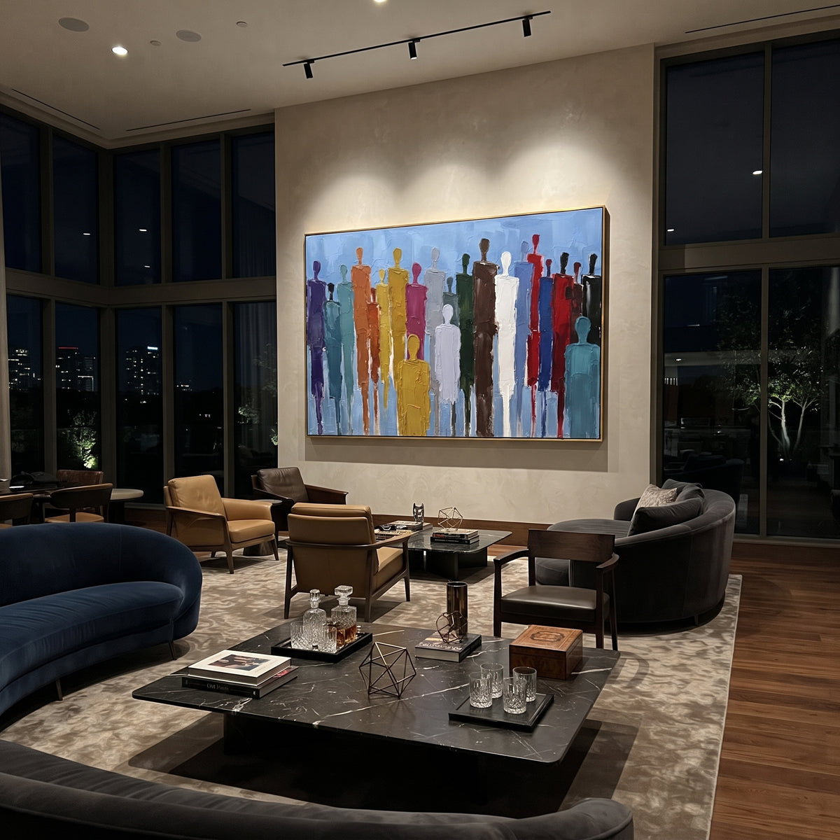 Luminous Cobalt Color Figure Chorus focuses on a row of elongated painted figures in varied colors. The composition keeps the principal subject clearly separated from the painted field, so the eye can follow the specific gesture, silhouette, garment, fur, petal, ridge, or river visible in this artwork. Its color relationships move between orange, pink, and green, with lighter passages opening the focal area and deeper strokes giving the forms weight. Palette-knife edges, impasto ridges, broken