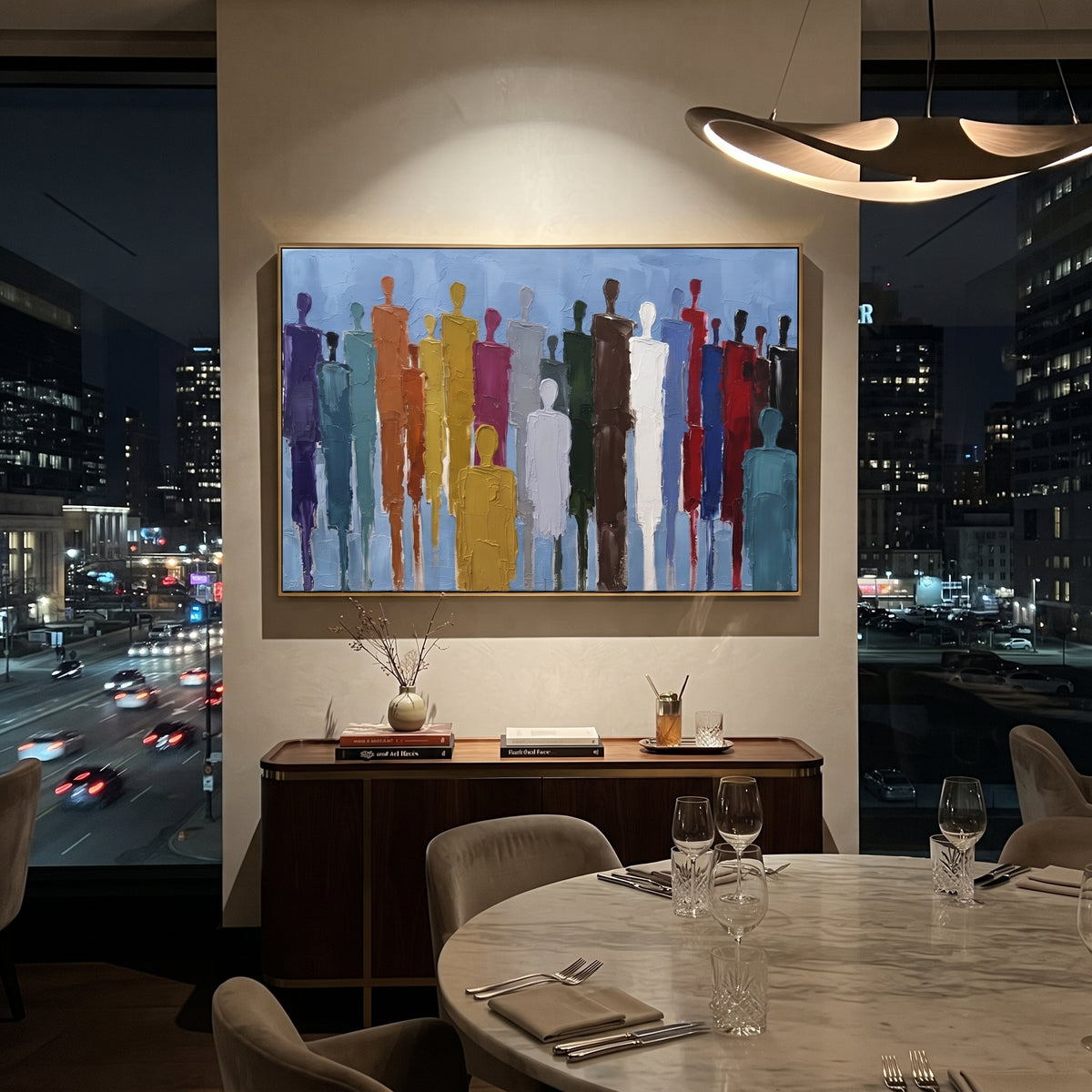Luminous Cobalt Color Figure Chorus focuses on a row of elongated painted figures in varied colors. The composition keeps the principal subject clearly separated from the painted field, so the eye can follow the specific gesture, silhouette, garment, fur, petal, ridge, or river visible in this artwork. Its color relationships move between orange, pink, and green, with lighter passages opening the focal area and deeper strokes giving the forms weight. Palette-knife edges, impasto ridges, broken