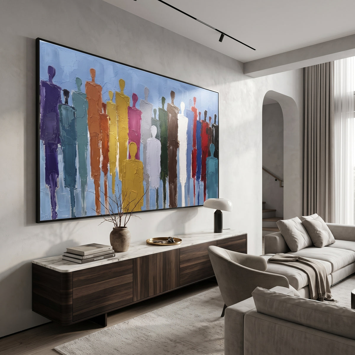 Luminous Cobalt Color Figure Chorus focuses on a row of elongated painted figures in varied colors. The composition keeps the principal subject clearly separated from the painted field, so the eye can follow the specific gesture, silhouette, garment, fur, petal, ridge, or river visible in this artwork. Its color relationships move between orange, pink, and green, with lighter passages opening the focal area and deeper strokes giving the forms weight. Palette-knife edges, impasto ridges, broken