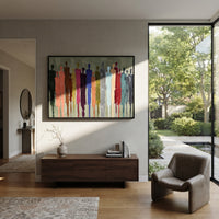 Tender Cobalt Color Figure Chorus focuses on a row of elongated painted figures in varied colors. The composition keeps the principal subject clearly separated from the painted field, so the eye can follow the specific gesture, silhouette, garment, fur, petal, ridge, or river visible in this artwork. Its color relationships move between green, yellow, and beige, with lighter passages opening the focal area and deeper strokes giving the forms weight. Palette-knife edges, impasto ridges, broken