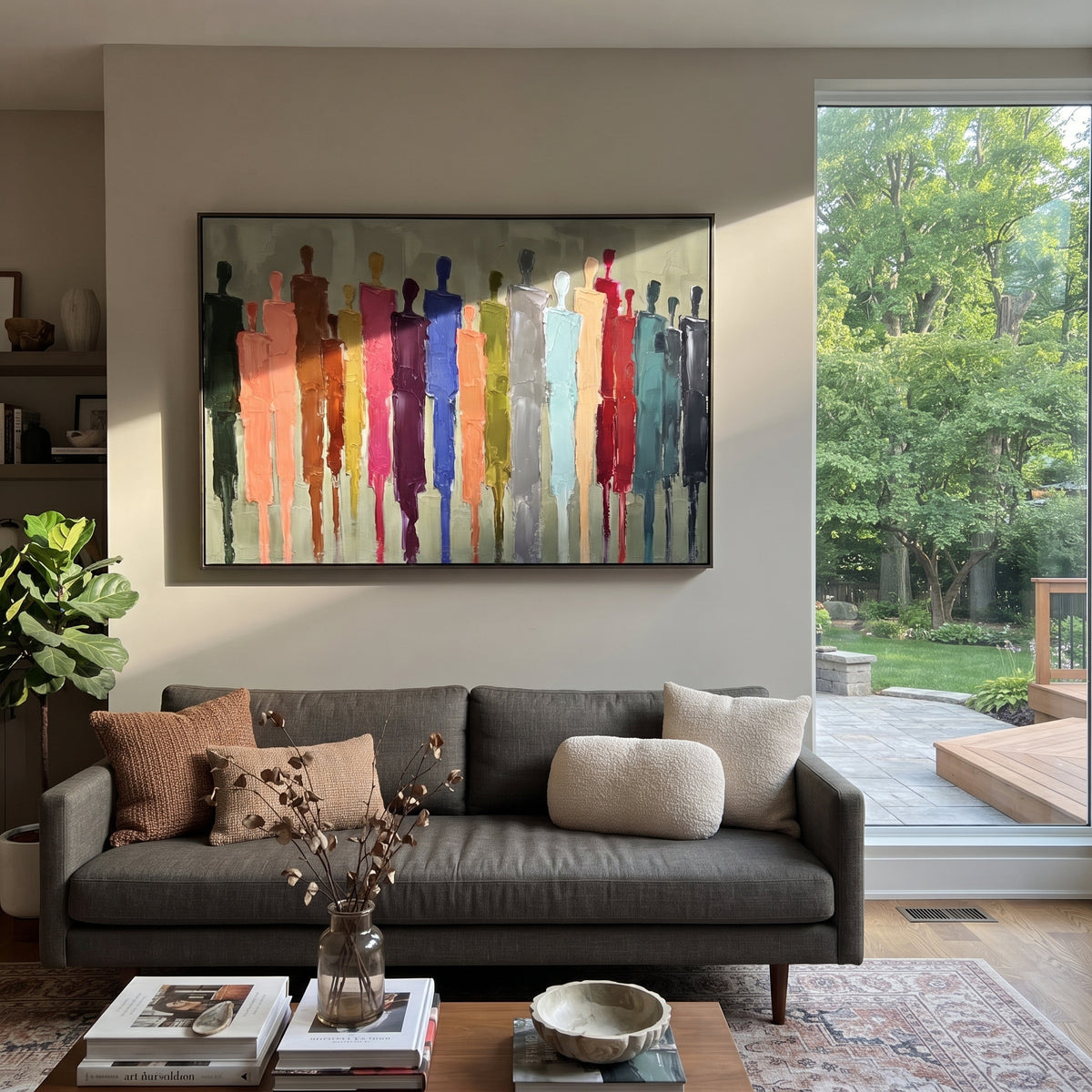 Tender Cobalt Color Figure Chorus focuses on a row of elongated painted figures in varied colors. The composition keeps the principal subject clearly separated from the painted field, so the eye can follow the specific gesture, silhouette, garment, fur, petal, ridge, or river visible in this artwork. Its color relationships move between green, yellow, and beige, with lighter passages opening the focal area and deeper strokes giving the forms weight. Palette-knife edges, impasto ridges, broken