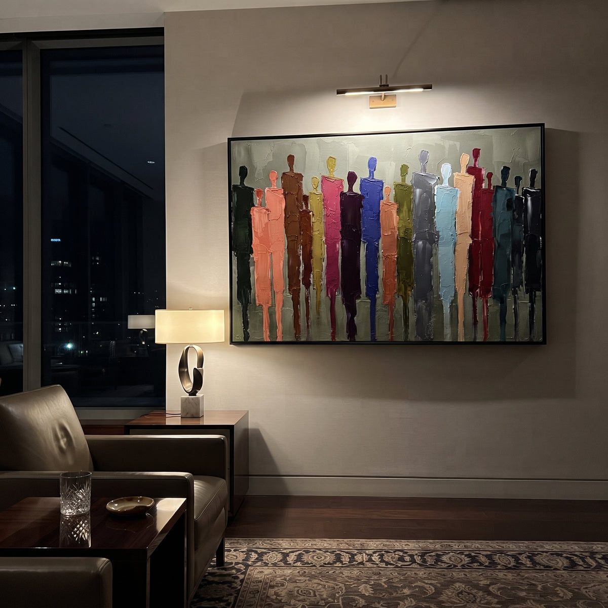 Tender Cobalt Color Figure Chorus focuses on a row of elongated painted figures in varied colors. The composition keeps the principal subject clearly separated from the painted field, so the eye can follow the specific gesture, silhouette, garment, fur, petal, ridge, or river visible in this artwork. Its color relationships move between green, yellow, and beige, with lighter passages opening the focal area and deeper strokes giving the forms weight. Palette-knife edges, impasto ridges, broken