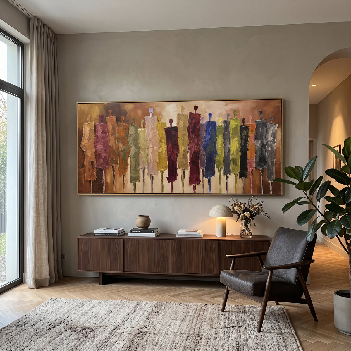 Cobalt Cobalt Color Figure Chorus focuses on a row of elongated painted figures in varied colors. The composition keeps the principal subject clearly separated from the painted field, so the eye can follow the specific gesture, silhouette, garment, fur, petal, ridge, or river visible in this artwork. Its color relationships move between blue, grey, and white, with lighter passages opening the focal area and deeper strokes giving the forms weight. Palette-knife edges, impasto ridges, broken brush