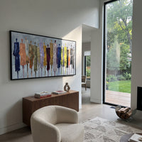 Mossy Cobalt Color Figure Chorus focuses on a row of elongated painted figures in varied colors. The composition keeps the principal subject clearly separated from the painted field, so the eye can follow the specific gesture, silhouette, garment, fur, petal, ridge, or river visible in this artwork. Its color relationships move between green, brown, and yellow, with lighter passages opening the focal area and deeper strokes giving the forms weight. Palette-knife edges, impasto ridges, broken