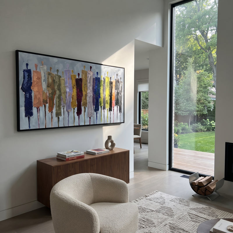 "Mossy Cobalt Color Figure Chorus" - Modern Heavy Impasto Landscape Artwork | Green & Brown Palette Knife Painting | Luxury Horizontal Wall Art #PT 3011