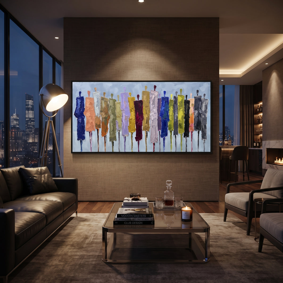 Mossy Cobalt Color Figure Chorus focuses on a row of elongated painted figures in varied colors. The composition keeps the principal subject clearly separated from the painted field, so the eye can follow the specific gesture, silhouette, garment, fur, petal, ridge, or river visible in this artwork. Its color relationships move between green, brown, and yellow, with lighter passages opening the focal area and deeper strokes giving the forms weight. Palette-knife edges, impasto ridges, broken