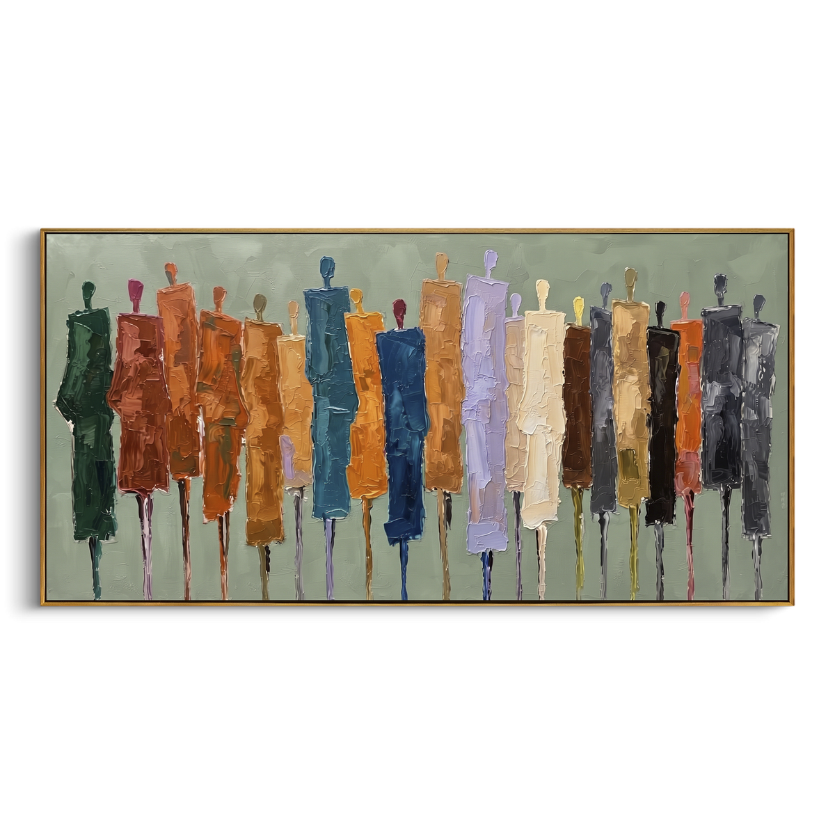 Golden Cobalt Color Figure Chorus focuses on a row of elongated painted figures in varied colors. The composition keeps the principal subject clearly separated from the painted field, so the eye can follow the specific gesture, silhouette, garment, fur, petal, ridge, or river visible in this artwork. Its color relationships move between orange, black, and beige, with lighter passages opening the focal area and deeper strokes giving the forms weight. Palette-knife edges, impasto ridges, broken