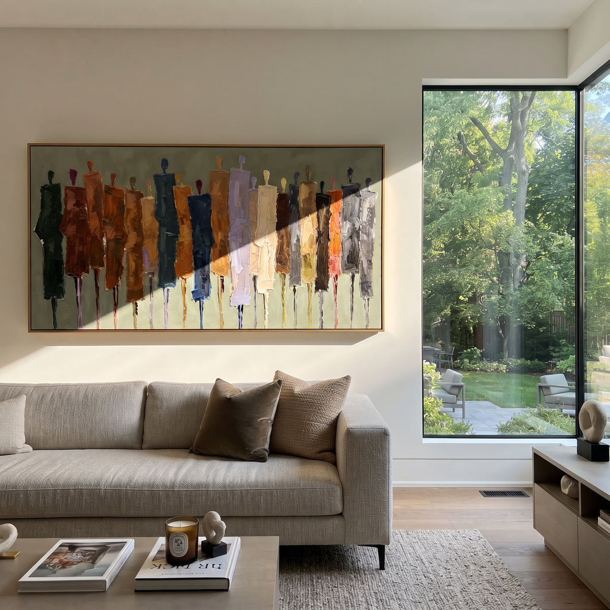 Golden Cobalt Color Figure Chorus focuses on a row of elongated painted figures in varied colors. The composition keeps the principal subject clearly separated from the painted field, so the eye can follow the specific gesture, silhouette, garment, fur, petal, ridge, or river visible in this artwork. Its color relationships move between orange, black, and beige, with lighter passages opening the focal area and deeper strokes giving the forms weight. Palette-knife edges, impasto ridges, broken