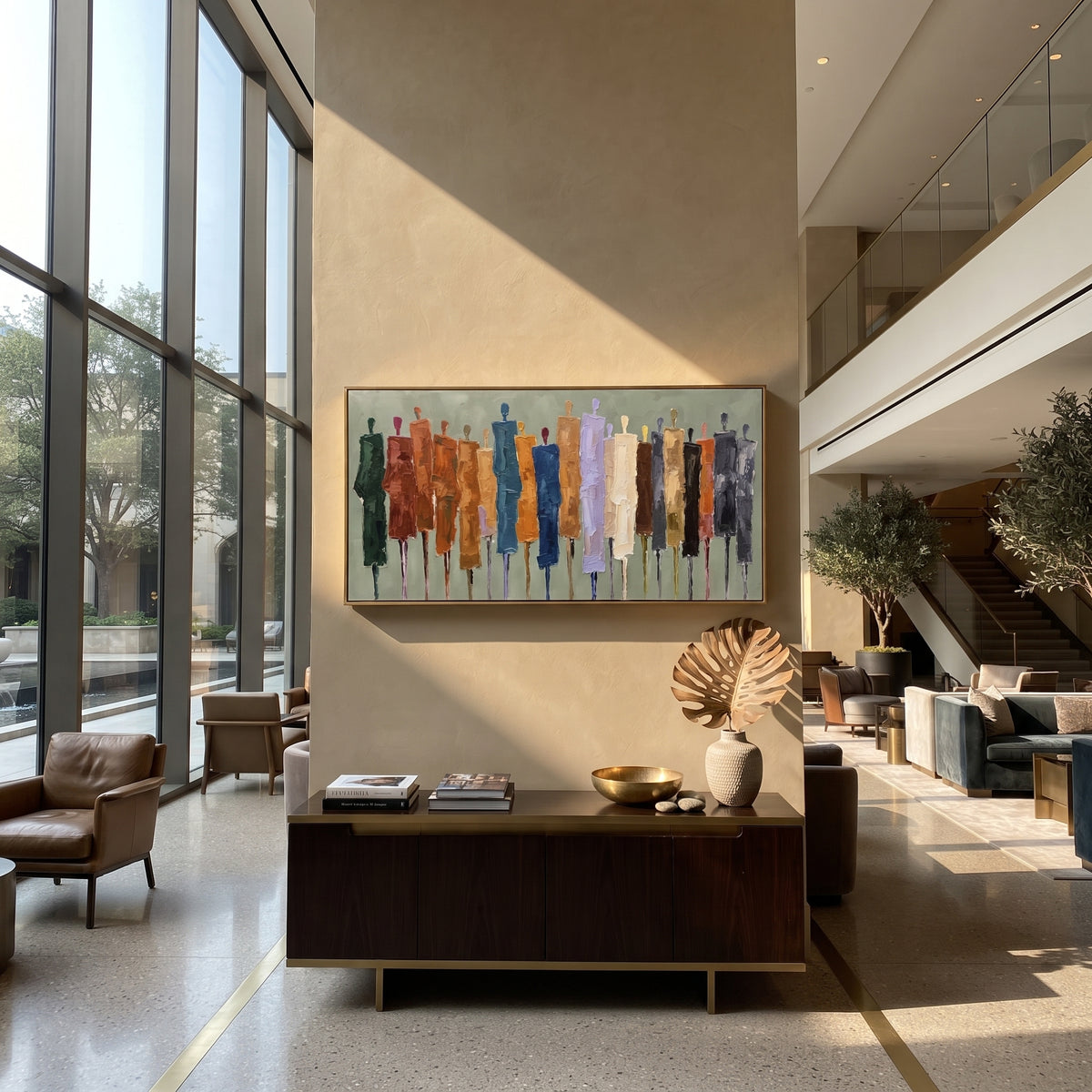 Golden Cobalt Color Figure Chorus focuses on a row of elongated painted figures in varied colors. The composition keeps the principal subject clearly separated from the painted field, so the eye can follow the specific gesture, silhouette, garment, fur, petal, ridge, or river visible in this artwork. Its color relationships move between orange, black, and beige, with lighter passages opening the focal area and deeper strokes giving the forms weight. Palette-knife edges, impasto ridges, broken