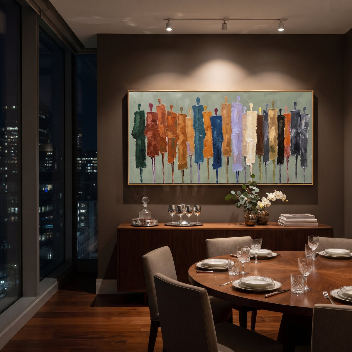 Golden Cobalt Color Figure Chorus focuses on a row of elongated painted figures in varied colors. The composition keeps the principal subject clearly separated from the painted field, so the eye can follow the specific gesture, silhouette, garment, fur, petal, ridge, or river visible in this artwork. Its color relationships move between orange, black, and beige, with lighter passages opening the focal area and deeper strokes giving the forms weight. Palette-knife edges, impasto ridges, broken