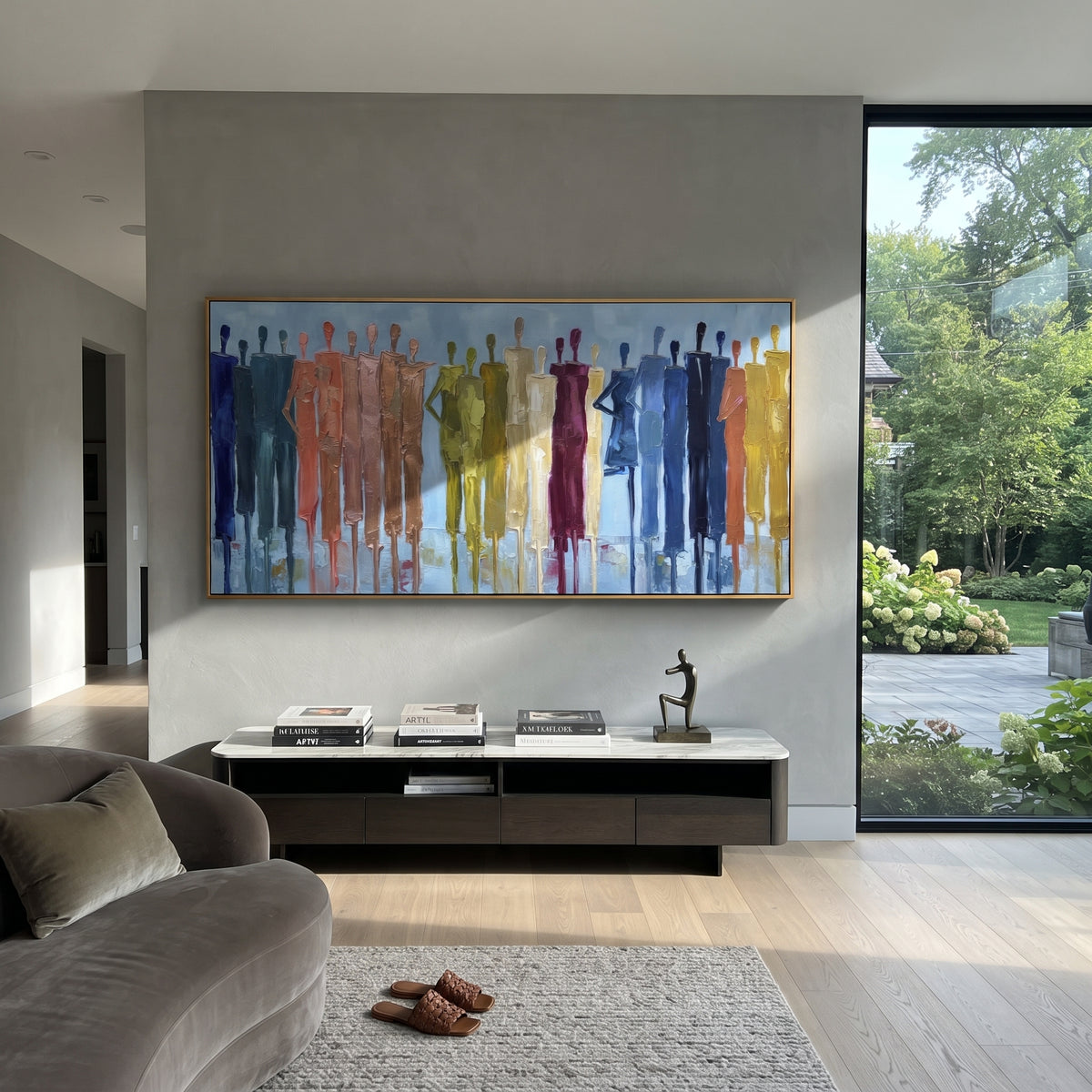 Restful Cobalt Color Figure Chorus focuses on a row of elongated painted figures in varied colors. The composition keeps the principal subject clearly separated from the painted field, so the eye can follow the specific gesture, silhouette, garment, fur, petal, ridge, or river visible in this artwork. Its color relationships move between green, grey, and pink, with lighter passages opening the focal area and deeper strokes giving the forms weight. Palette-knife edges, impasto ridges, broken