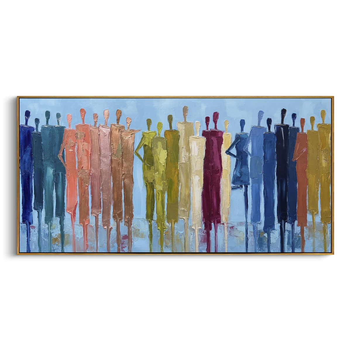 "Restful Cobalt Color Figure Chorus" - Modern Heavy Impasto Landscape Artwork | Green & Grey Palette Knife Painting | Luxury Horizontal Wall Art #PT 3014