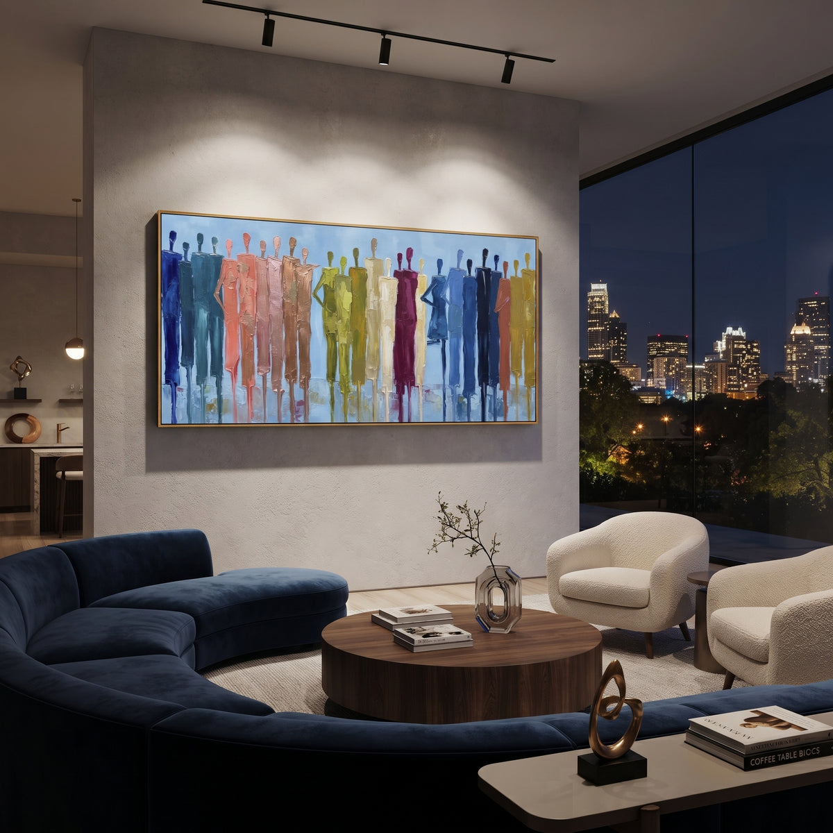 Restful Cobalt Color Figure Chorus focuses on a row of elongated painted figures in varied colors. The composition keeps the principal subject clearly separated from the painted field, so the eye can follow the specific gesture, silhouette, garment, fur, petal, ridge, or river visible in this artwork. Its color relationships move between green, grey, and pink, with lighter passages opening the focal area and deeper strokes giving the forms weight. Palette-knife edges, impasto ridges, broken