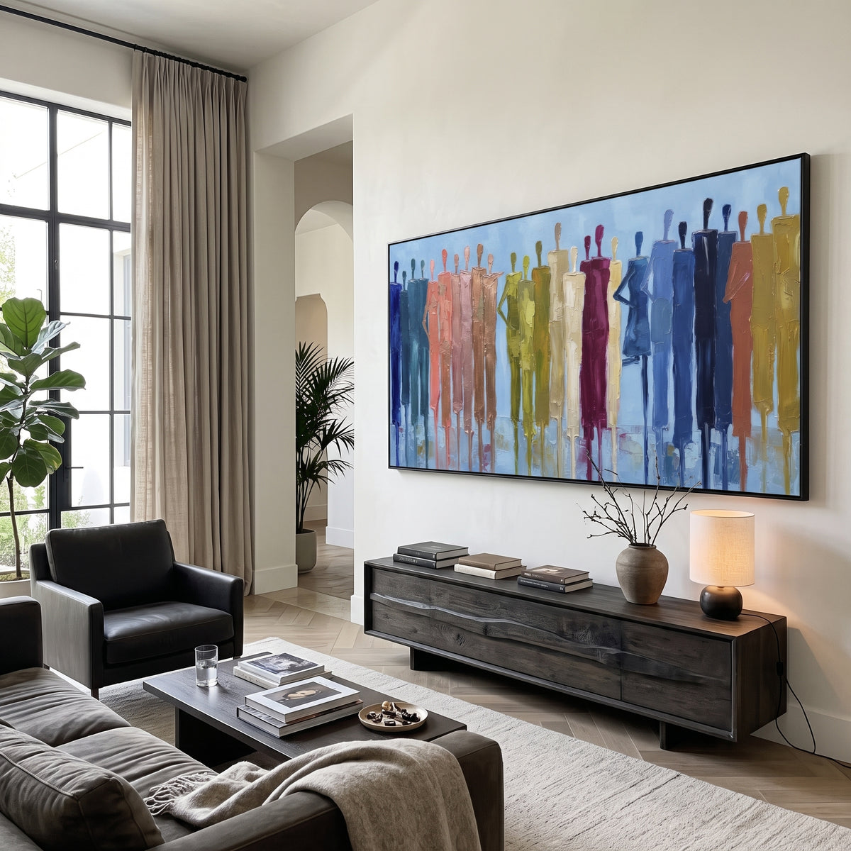 Restful Cobalt Color Figure Chorus focuses on a row of elongated painted figures in varied colors. The composition keeps the principal subject clearly separated from the painted field, so the eye can follow the specific gesture, silhouette, garment, fur, petal, ridge, or river visible in this artwork. Its color relationships move between green, grey, and pink, with lighter passages opening the focal area and deeper strokes giving the forms weight. Palette-knife edges, impasto ridges, broken
