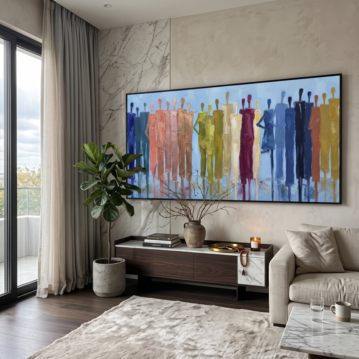 Restful Cobalt Color Figure Chorus focuses on a row of elongated painted figures in varied colors. The composition keeps the principal subject clearly separated from the painted field, so the eye can follow the specific gesture, silhouette, garment, fur, petal, ridge, or river visible in this artwork. Its color relationships move between green, grey, and pink, with lighter passages opening the focal area and deeper strokes giving the forms weight. Palette-knife edges, impasto ridges, broken
