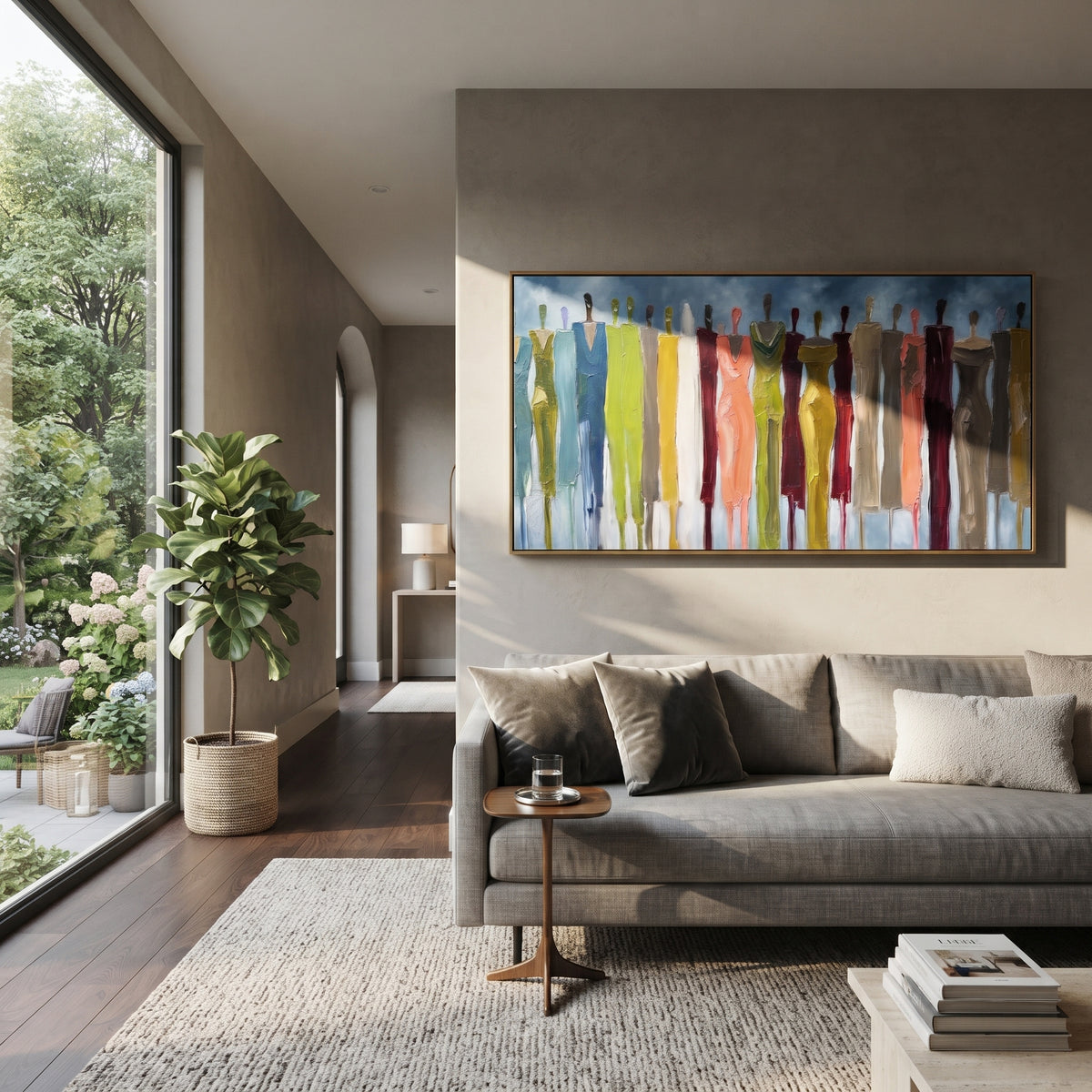 Playful Cobalt Color Figure Chorus focuses on a row of elongated painted figures in varied colors. The composition keeps the principal subject clearly separated from the painted field, so the eye can follow the specific gesture, silhouette, garment, fur, petal, ridge, or river visible in this artwork. Its color relationships move between beige, black, and blue, with lighter passages opening the focal area and deeper strokes giving the forms weight. Palette-knife edges, impasto ridges, broken