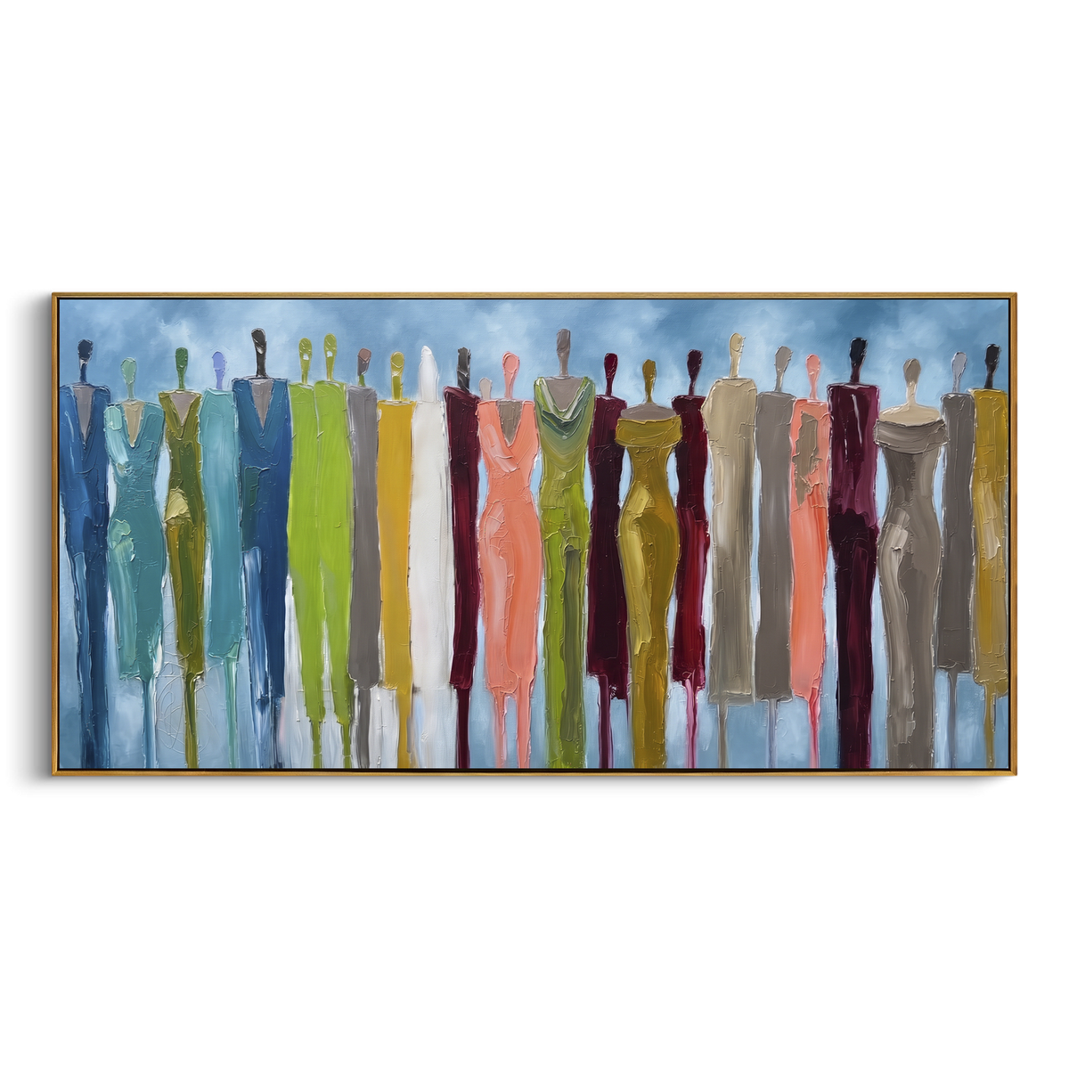Playful Cobalt Color Figure Chorus focuses on a row of elongated painted figures in varied colors. The composition keeps the principal subject clearly separated from the painted field, so the eye can follow the specific gesture, silhouette, garment, fur, petal, ridge, or river visible in this artwork. Its color relationships move between beige, black, and blue, with lighter passages opening the focal area and deeper strokes giving the forms weight. Palette-knife edges, impasto ridges, broken