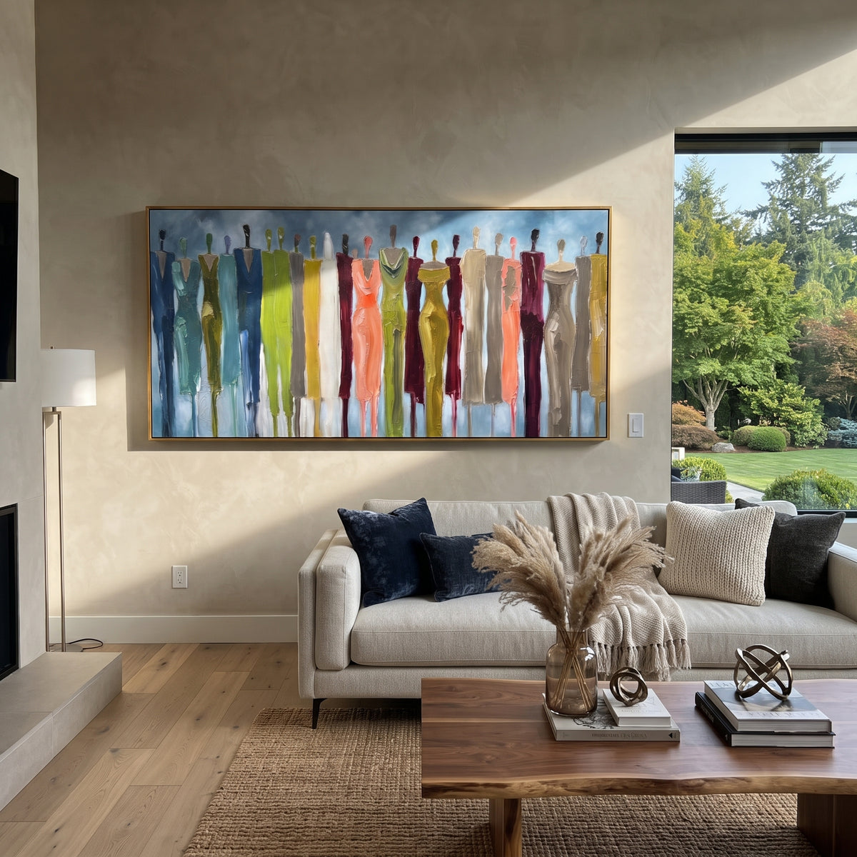 Playful Cobalt Color Figure Chorus focuses on a row of elongated painted figures in varied colors. The composition keeps the principal subject clearly separated from the painted field, so the eye can follow the specific gesture, silhouette, garment, fur, petal, ridge, or river visible in this artwork. Its color relationships move between beige, black, and blue, with lighter passages opening the focal area and deeper strokes giving the forms weight. Palette-knife edges, impasto ridges, broken