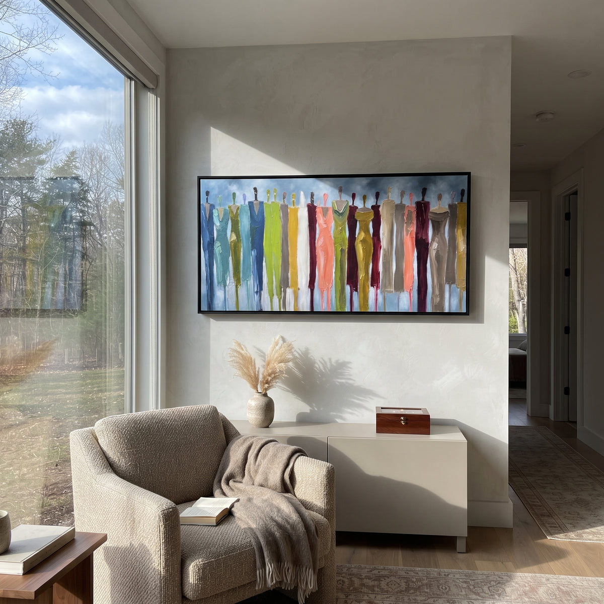 Playful Cobalt Color Figure Chorus focuses on a row of elongated painted figures in varied colors. The composition keeps the principal subject clearly separated from the painted field, so the eye can follow the specific gesture, silhouette, garment, fur, petal, ridge, or river visible in this artwork. Its color relationships move between beige, black, and blue, with lighter passages opening the focal area and deeper strokes giving the forms weight. Palette-knife edges, impasto ridges, broken
