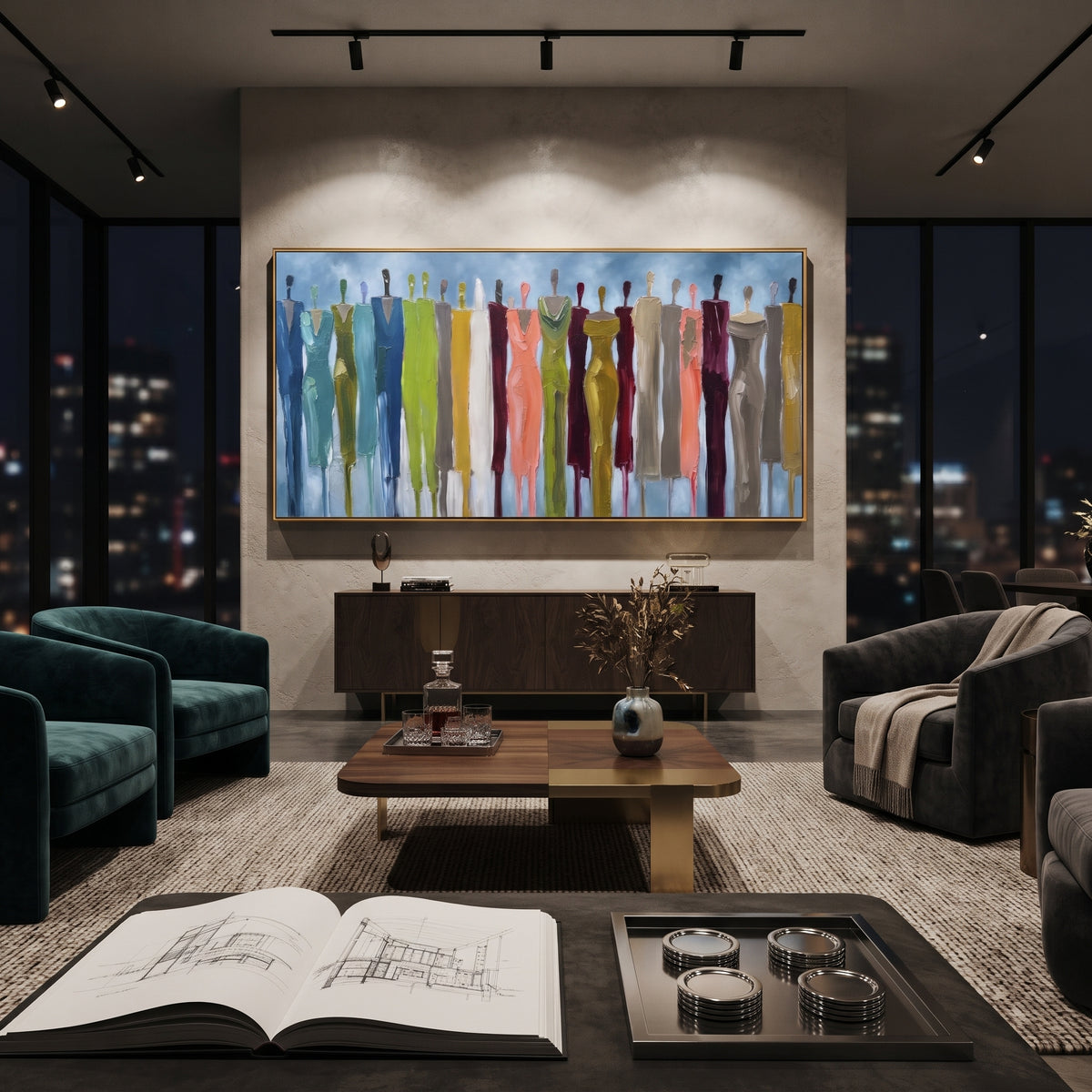 Playful Cobalt Color Figure Chorus focuses on a row of elongated painted figures in varied colors. The composition keeps the principal subject clearly separated from the painted field, so the eye can follow the specific gesture, silhouette, garment, fur, petal, ridge, or river visible in this artwork. Its color relationships move between beige, black, and blue, with lighter passages opening the focal area and deeper strokes giving the forms weight. Palette-knife edges, impasto ridges, broken