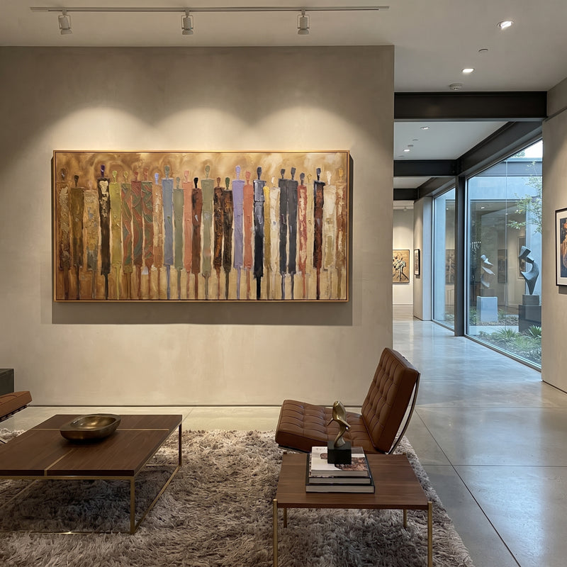 "Distant Cobalt Color Figure Chorus" - Modern Heavy Impasto Landscape Artwork | Purple & Green Palette Knife Painting | Luxury Horizontal Wall Art #PT 3016