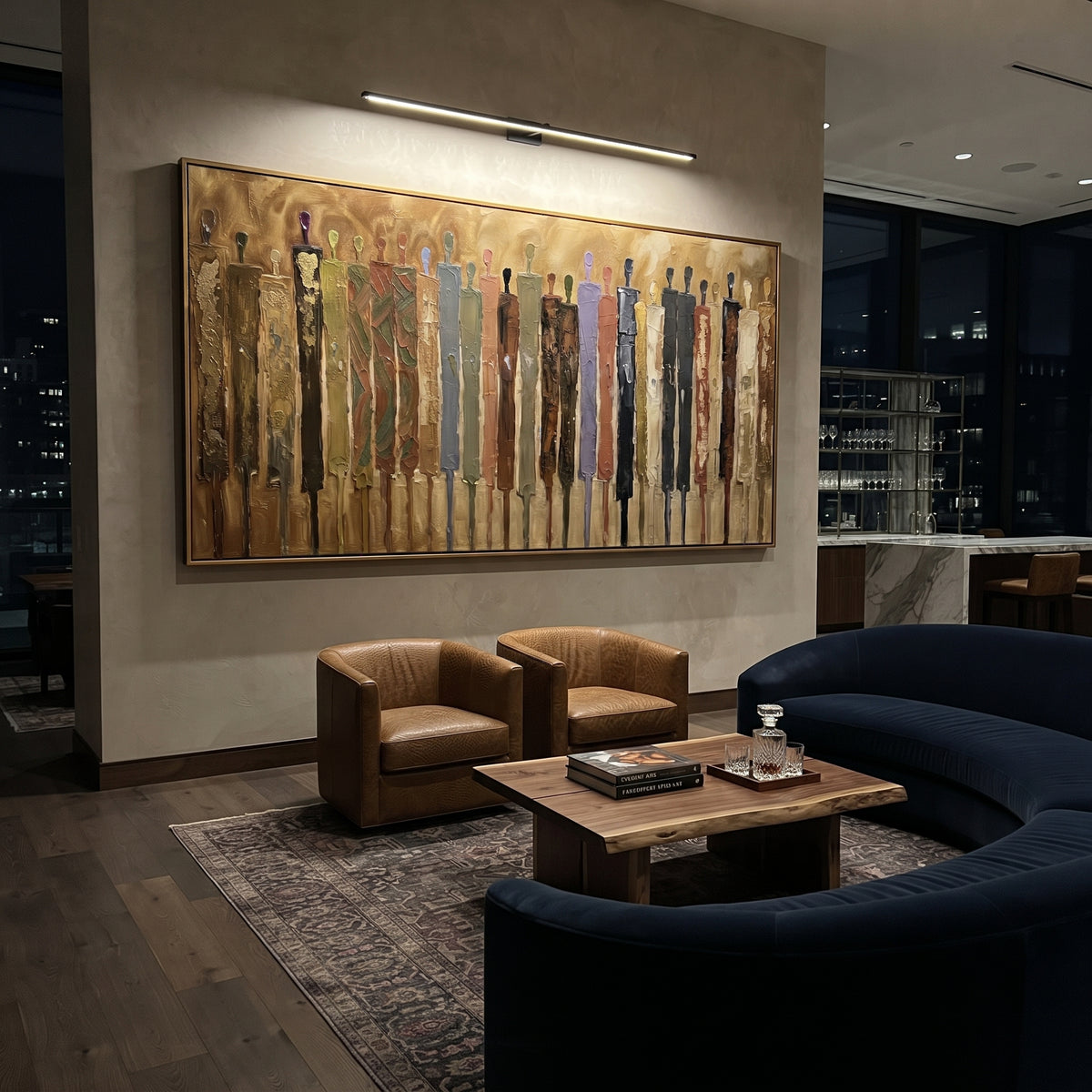 Distant Cobalt Color Figure Chorus focuses on a row of elongated painted figures in varied colors. The composition keeps the principal subject clearly separated from the painted field, so the eye can follow the specific gesture, silhouette, garment, fur, petal, ridge, or river visible in this artwork. Its color relationships move between purple, green, and white, with lighter passages opening the focal area and deeper strokes giving the forms weight. Palette-knife edges, impasto ridges, broken