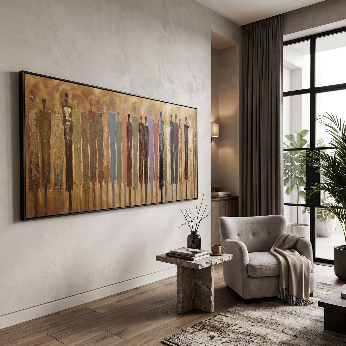 Distant Cobalt Color Figure Chorus focuses on a row of elongated painted figures in varied colors. The composition keeps the principal subject clearly separated from the painted field, so the eye can follow the specific gesture, silhouette, garment, fur, petal, ridge, or river visible in this artwork. Its color relationships move between purple, green, and white, with lighter passages opening the focal area and deeper strokes giving the forms weight. Palette-knife edges, impasto ridges, broken