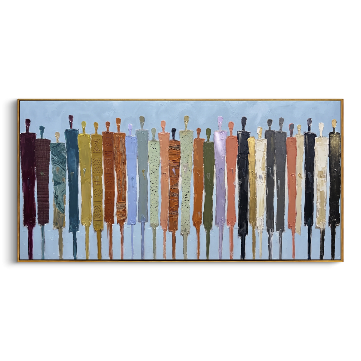 Gathered Cobalt Color Figure Chorus focuses on a row of elongated painted figures in varied colors. The composition keeps the principal subject clearly separated from the painted field, so the eye can follow the specific gesture, silhouette, garment, fur, petal, ridge, or river visible in this artwork. Its color relationships move between blue, beige, and brown, with lighter passages opening the focal area and deeper strokes giving the forms weight. Palette-knife edges, impasto ridges, broken