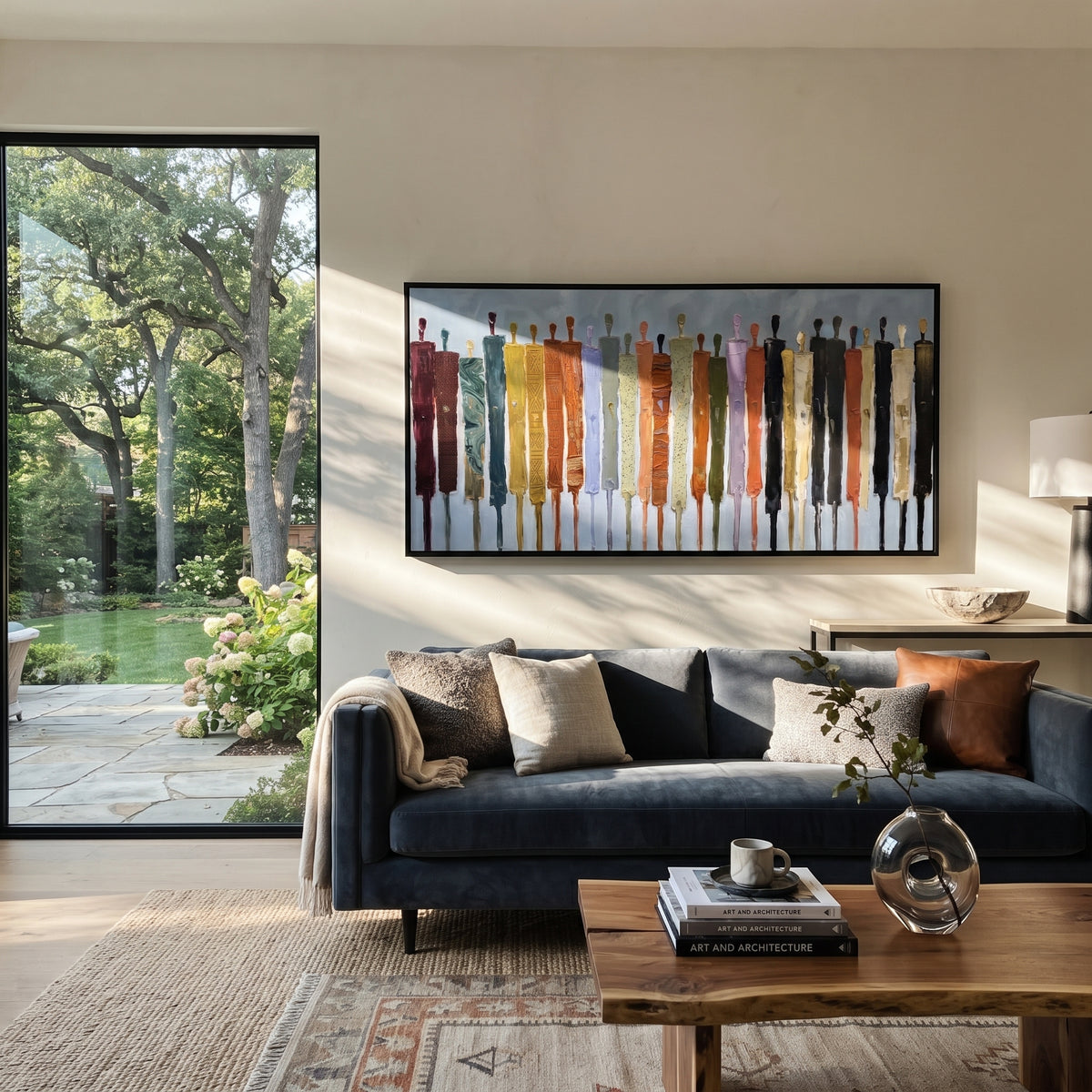 Gathered Cobalt Color Figure Chorus focuses on a row of elongated painted figures in varied colors. The composition keeps the principal subject clearly separated from the painted field, so the eye can follow the specific gesture, silhouette, garment, fur, petal, ridge, or river visible in this artwork. Its color relationships move between blue, beige, and brown, with lighter passages opening the focal area and deeper strokes giving the forms weight. Palette-knife edges, impasto ridges, broken